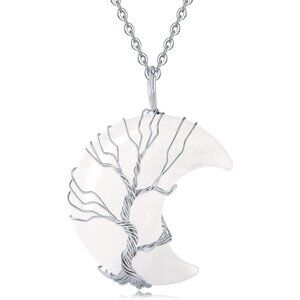 Women's Natural Crystal  Moon Crescent Tree Wire Wrapped Gemstone White Necklace
